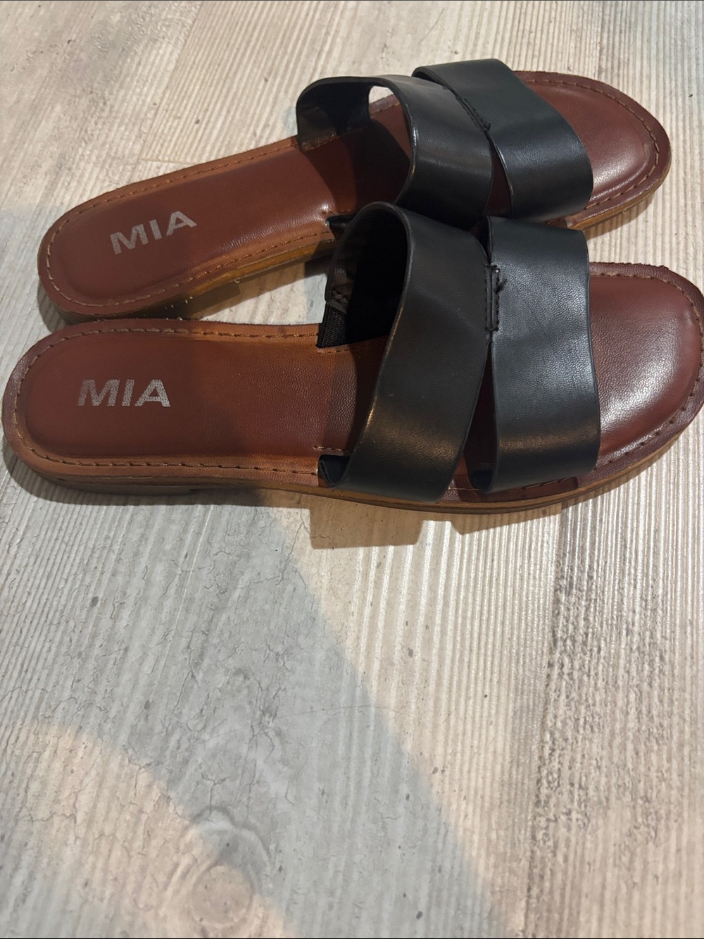 MIA Black Double Strap Slide Sandals with Brown Footbed - Picture 2 of 7